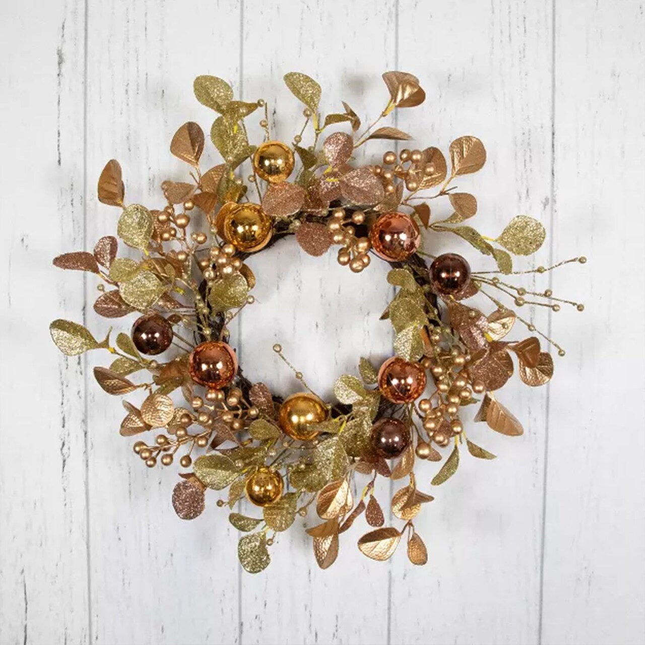Glitter Leaf and Ball Ornament Artificial Christmas Twig Wreath Copper 24 Inch